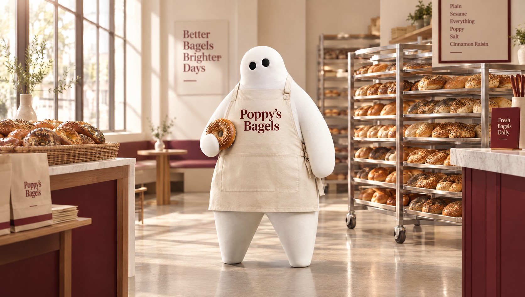 Poppy's Bagels mascot in the bakery, a VISURA client site