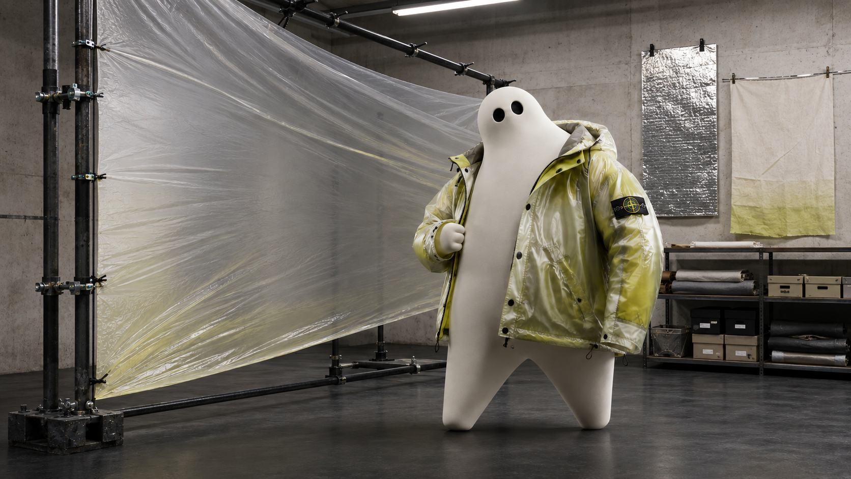VISURA mascot opening a translucent Stone Island garment in a material research lab